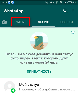 Вкладка меню в приложении WhatsApp