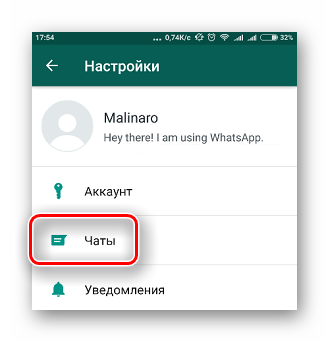 Пункт настроек чатов в приложении WhatsApp