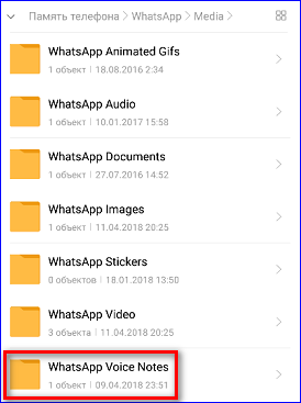 Папка WhatsApp Voice Notes в телефоне